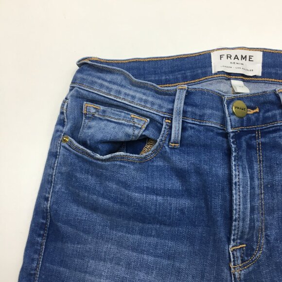 FRAME Denim 5Pocket Logo Button Beso Wash Le Skinny De Jeanne Raw Edge Hem Jeans - Picture 5 of 10